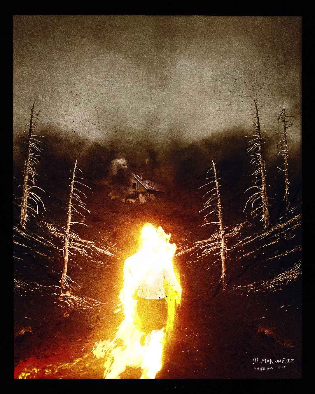 image of a man on fire determined to walk back towards his burning home, in a barren land